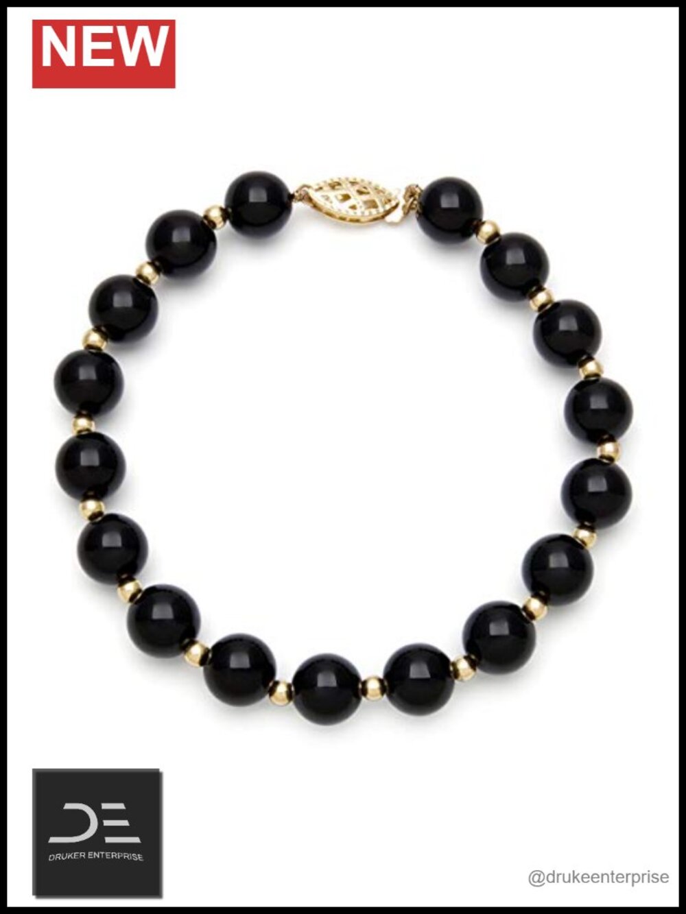 10K Yellow Gold Natural Black Onyx 8mm Beaded Bracelet 7.5 Inch